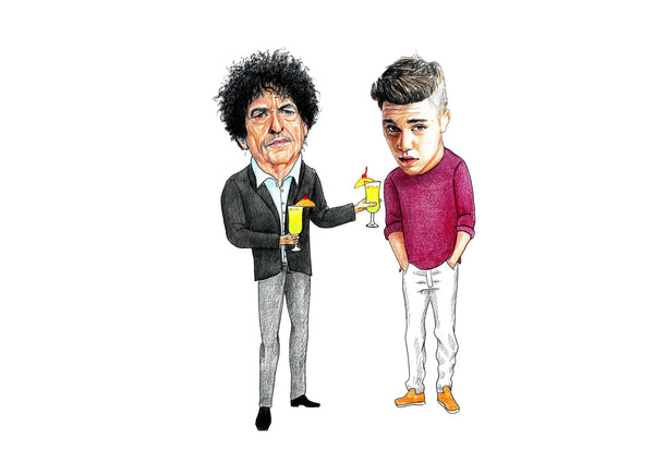Bob Dylan and Justin Bieber drinking jungle juice Print