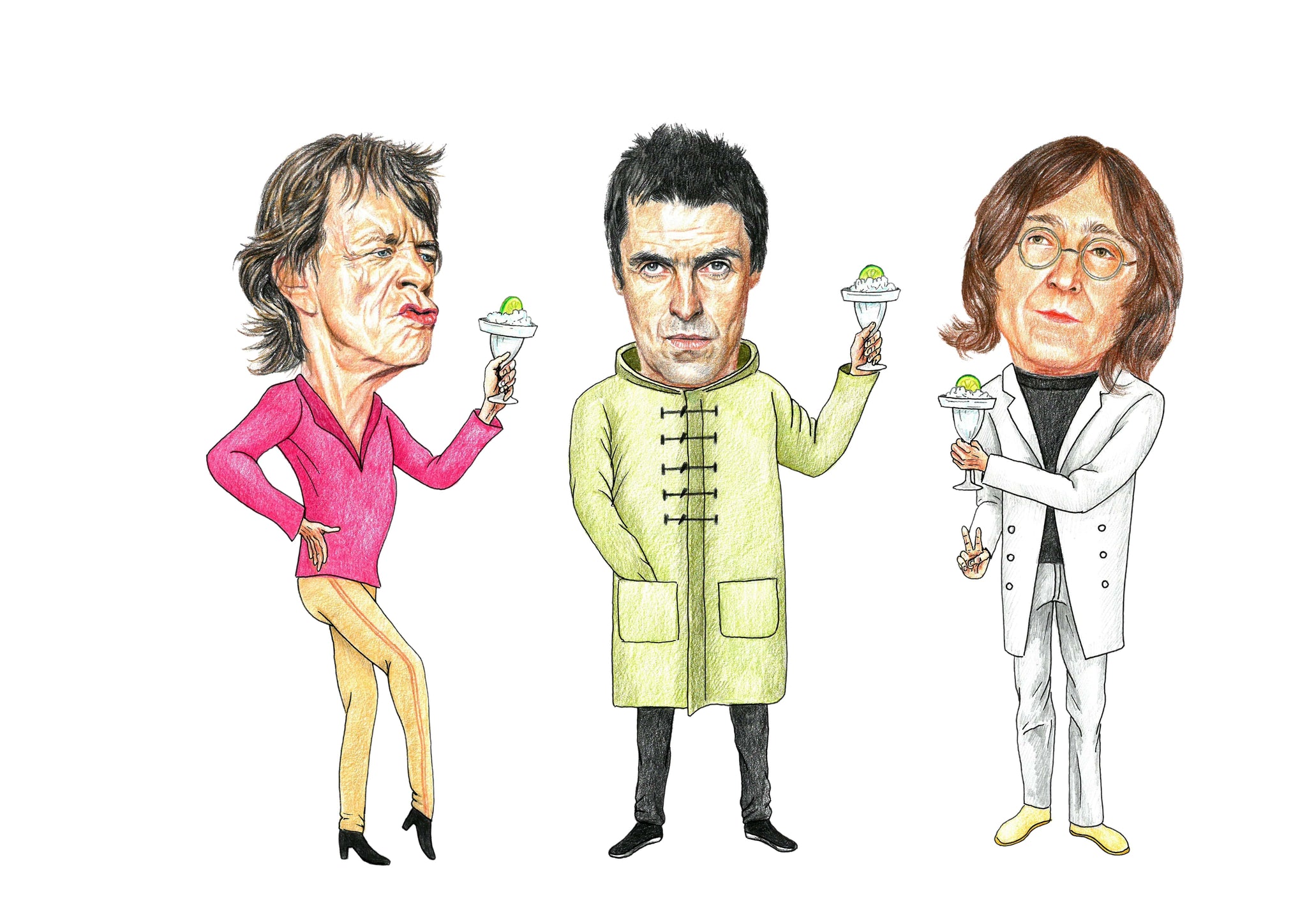 Mick Jagger, Liam Gallagher and John Lennon drinking frozen margaritas Print