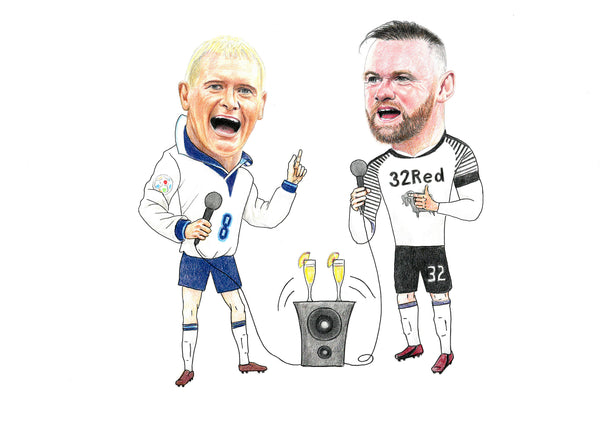 Paul Gascoigne and Wayne Rooney drinking Bellinis, doing karaoke Print